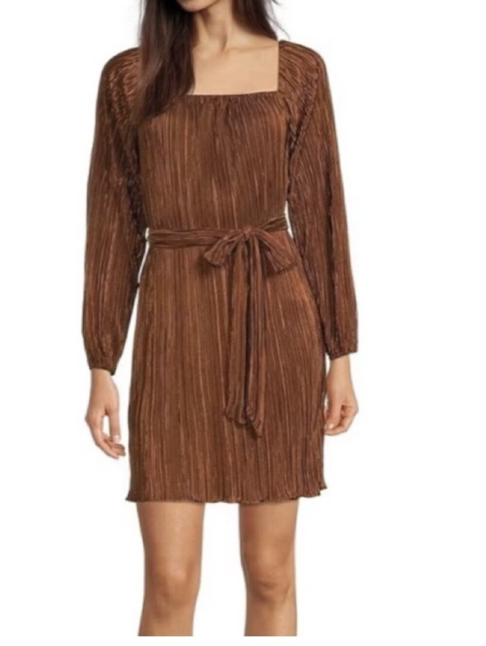 Maison Tara Brown Pleated Square Neck Long Sleeve Mini Dress Belted